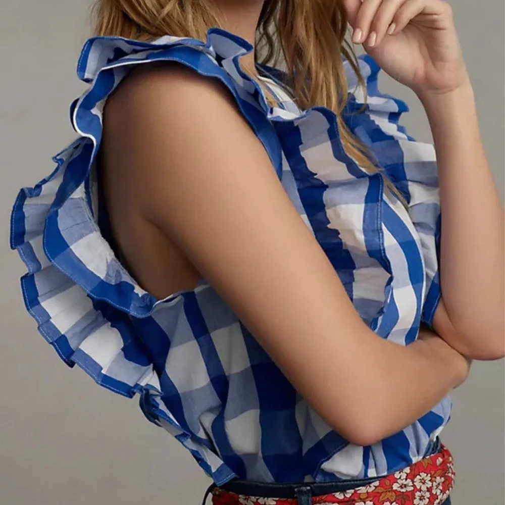 NWT Whit Two Cascade Ruffled Blouse White Blue Gingham Check Plaid XS - Picture 2 of 3